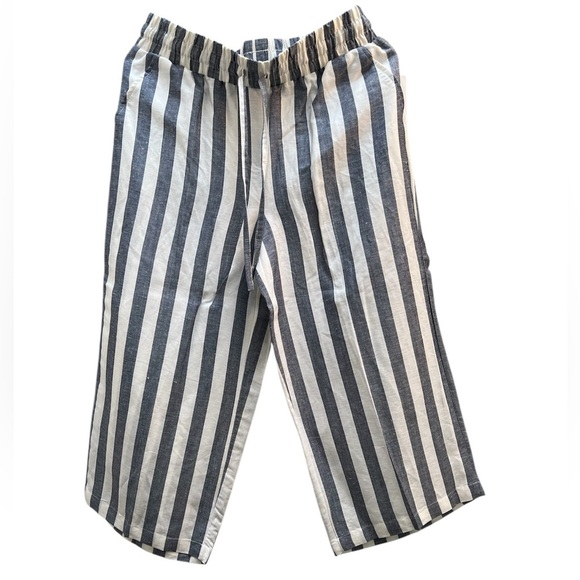 Flowing Striped Navy and White Wide Leg Capri 55% Linen 45% Rayon  Pants Size M - Picture 1 of 5